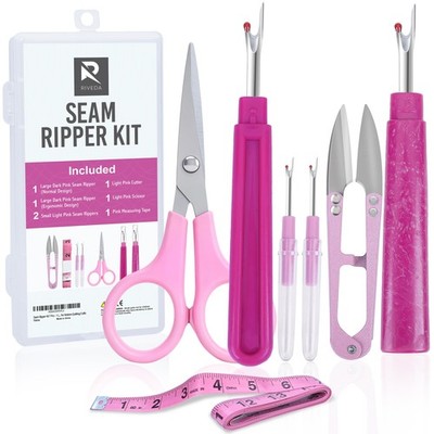 Seam Ripper Kit 7 Pcs - 1 Large, 1 Ergonomic, 2 Small Rippers, Pink