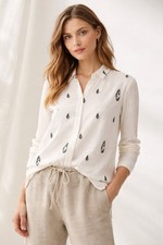 H Hannoh Wessel Women  s Leaf Print Ribbed Sleeve 100 Cotton Top 36 S Lagenlook