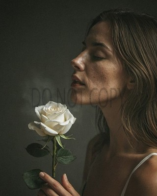 Beautiful Woman White Rose Eyes Closed Serene Portrait Photo Art Print
