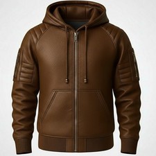 Men's Brown Premium Leather Hoodie Handmade Genuine Lambskin Leather Jacket Coat