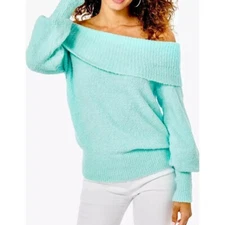 NWT LILLY PULITZER Barrymore Sweater Seasalt Blue Off Shoulder Fuzzy Boucle XS