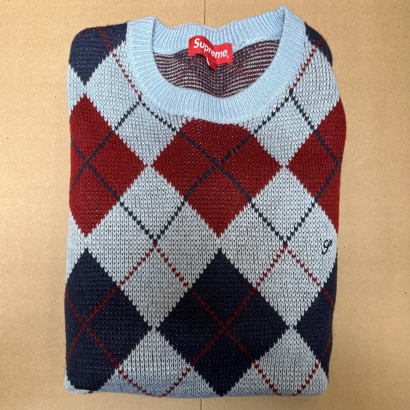 Pull col rond FW15 Supreme Argyle bleu clair d'occasion taille L Large 2015