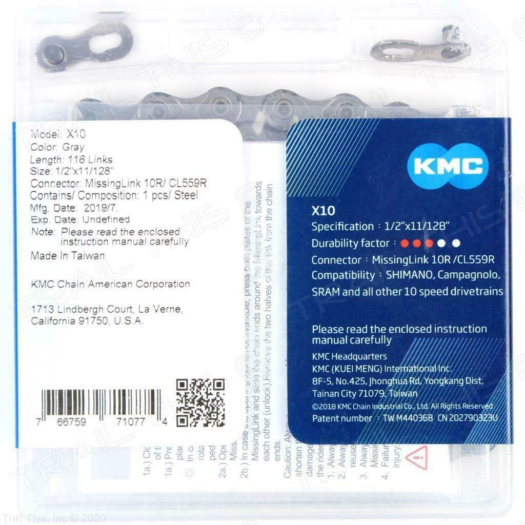 KMC X10 10-Speed - Gray - Bike Chain 116L fits SRAM Shimano Road / MTB