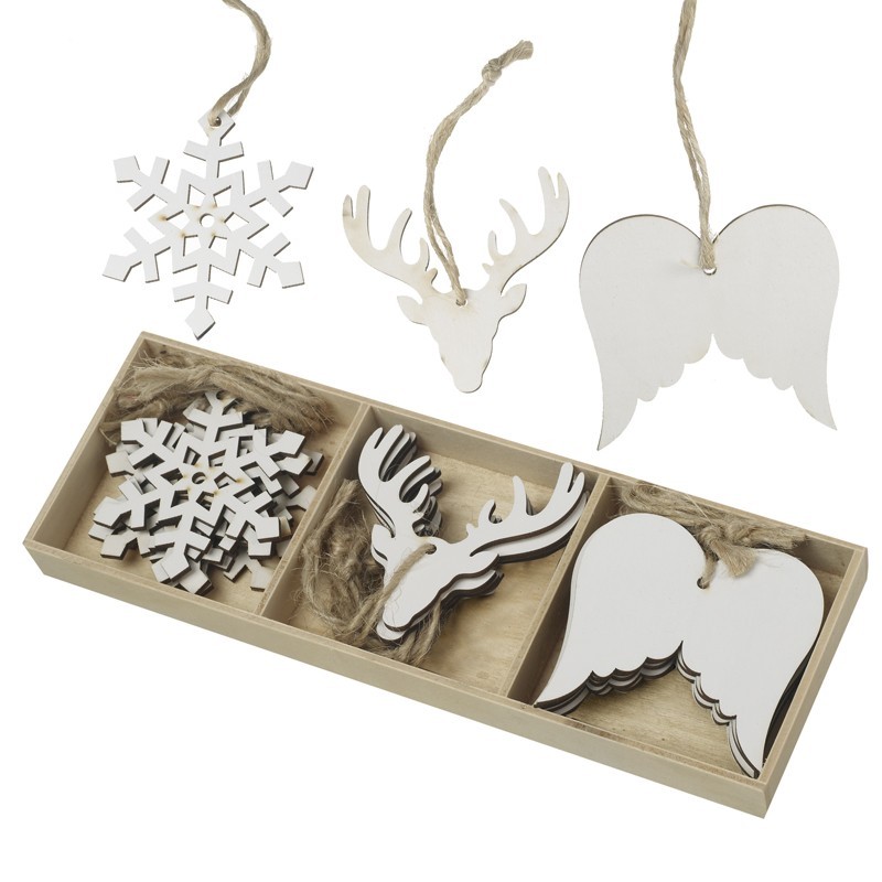 Heaven Sends Set of 18 Assorted White Christmas Decorations - Angel Wings, Stag