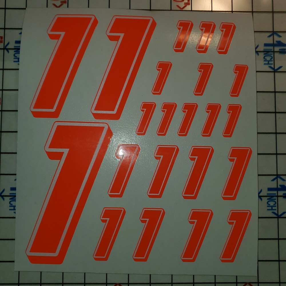 Orange FLOURESCENT/white #1's Racing #'s vinyl Decal Sheet 1/8-1/10-1/12RC Model