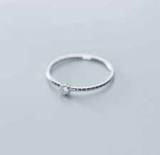 Tiny Round CZ Sterling Silver Thin Dainty Band Stackable Wedding Ring A3678