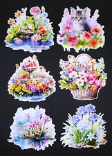 Beautiful DIE CUT CARD TOPPERS Basket Flowers Cat Fountain Cardmaking