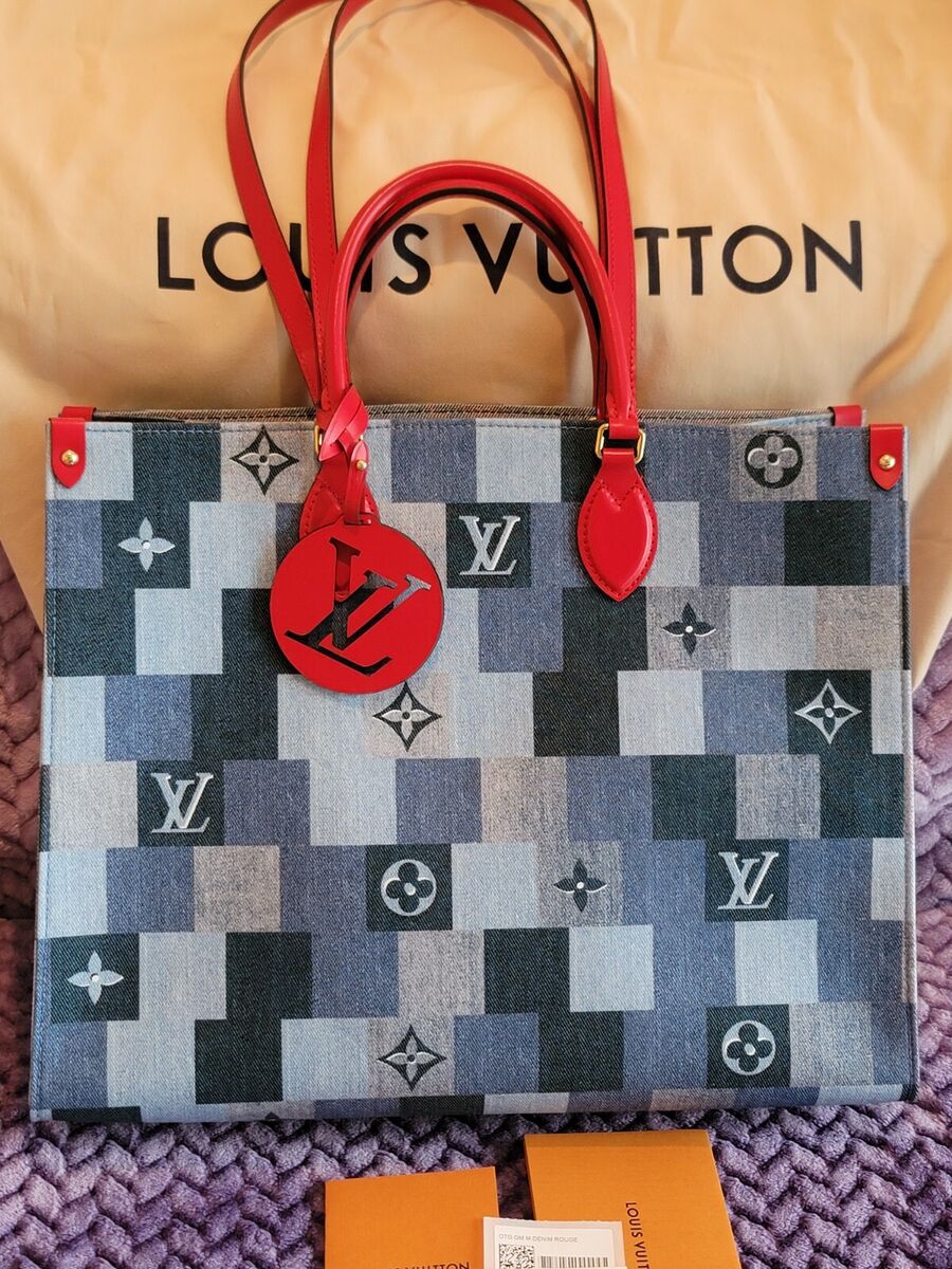 Louis Vuitton Denim Onthego GM Monogram Giant Flower Bag Red Blue Bag Tote  Auth.