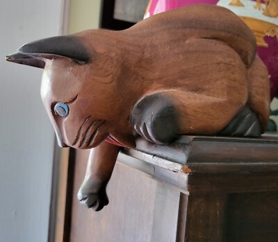CAT shelf sitter reaching for prey, big grin! Siamese, Blue eyes, Wood or Resin