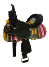 Youth Black Roughout Barrel Saddle with Wool Serape Saddle Blanket Inlay 12" NEW