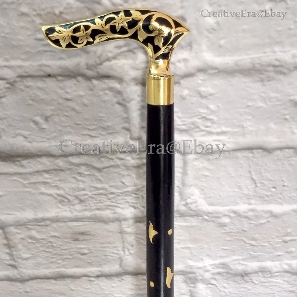 Bastón de diseño con mango de cabeza de resina de latón negro con incrustaciones de latón  Foto 2 de 4