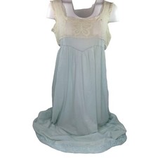 Vintage 70s Womens Lingerie Nightgown Sleeveless Blue Cream Lace Bodice Ruffle
