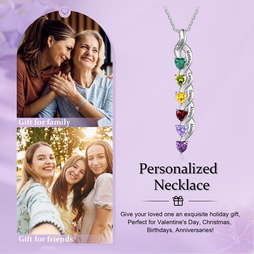 Collar de plata de ley 925 grabado personalizado con nombre de corazón y piedra de nacimiento para mamá - Imagen 3 de 6