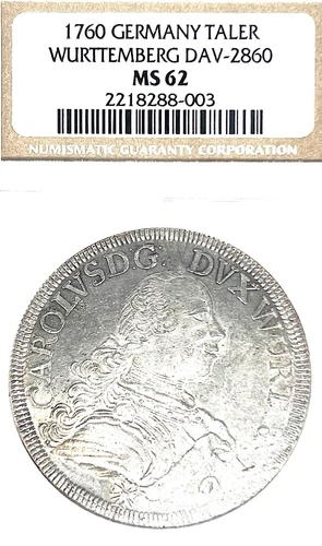 German States WURTTEMBERG 1760 Taler Coin Thaler NGC MS 62 VZ/F.STG RARE TOP POP