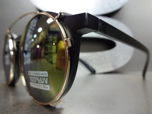 VINTAGE 60's Style Clear Lens CLIP ON SUN GLASSES Round Matte Black & Gold Frame - Picture 5 of 12