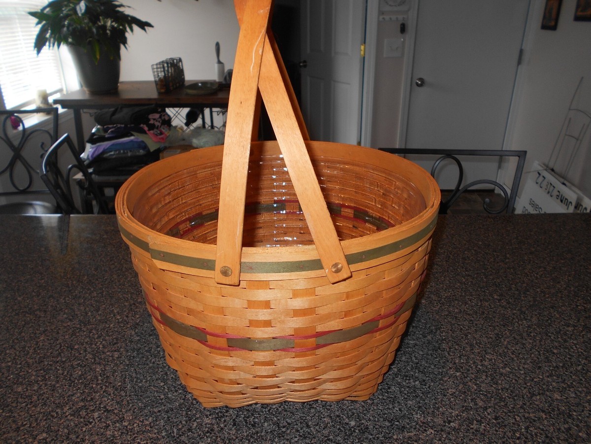 LONGABERGER BASKETS 手編みバスケット 1994年製 Longaberger 1994 Large Round Basket Swing Handles Red green 16 1/2