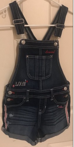 Jordache Girls jean Denim Bib Overalls Embroider Cuffed Shorts Size 7/8 - 第 1/4 張圖片