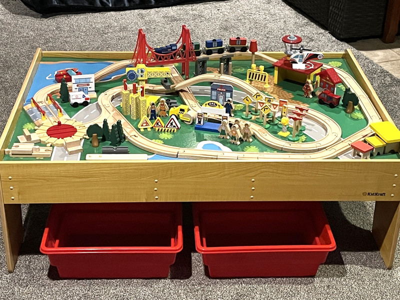Large KidKraft TRAIN SET W/Table & Storage Buckets-Over 100 Pieces!