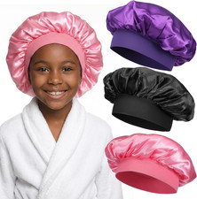 3pc Kids Silk Bonnet for Sleeping Satin Hair Cap Wide Band Toddler Girls Boys