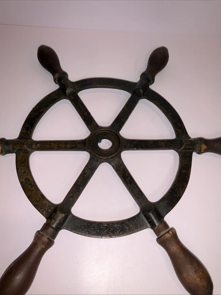 Antique Solid Brass Ship Wheel – Wood Handles – Nautical Maritime Decor 15” - Image 2 of 4