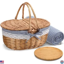Stylish Blue Wicker Picnic Basket Set with Blankets & Bamboo Plates - Durable,