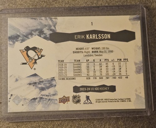 2023-24 Upper Deck Ice Erik Karlsson Purple #1 - Pittsburgh Penguins - Picture 2 of 2