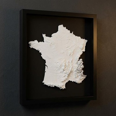 3D France Map Wall Art: Topography in Black Wood Frame