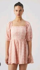 AE American Eagle Puff Sleeve Mini Dress Sundress Med Pockets Smocked