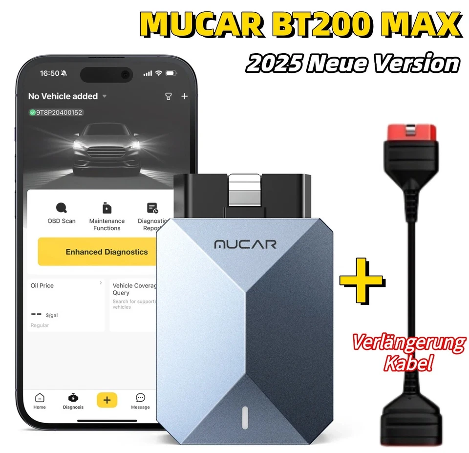 Dispositivo de diagnóstico MUCAR BT200 MAX AUTOMÓVIL OBD2 todo el sistema 15 reset + cable de extensión