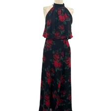 Lovers + Friends Golden Ray Maxi Dress Black Red Floral Rose Print Size Small