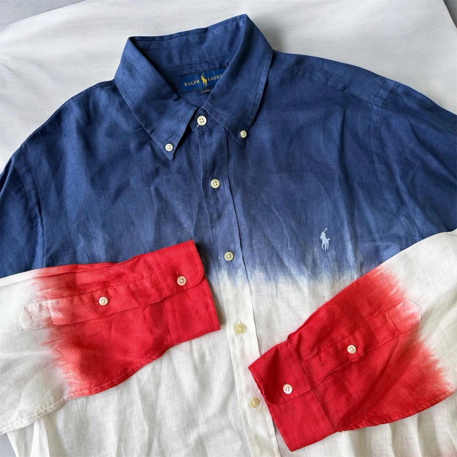Polo Ralph Lauren Ombre Multi Tie Dye Linen Button Down Shirt Large Americana