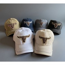 Vintage Longhorn Skull Embroidered Distressed Baseball Cap Retro Western Men Hat
