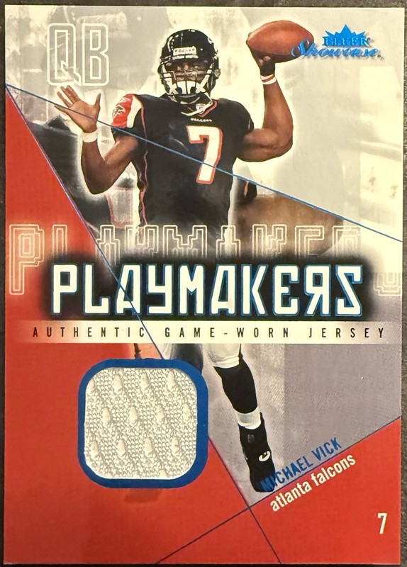 RARE MICHAEL VICK 2004 Fleer Showcase 3/5 BLUE FOIL PLAYMAKERS GAME-WORN JERSEY