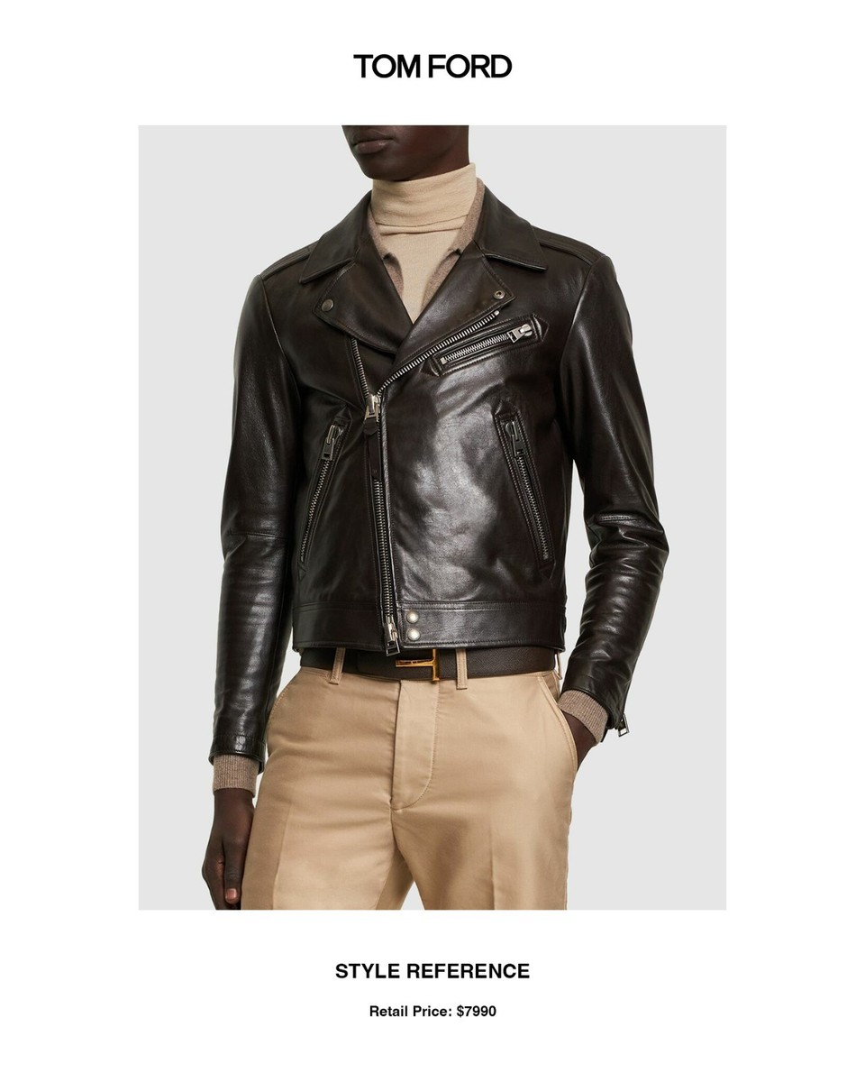 TOM FORD Worked Leather Motorcycle Jacket Olive Brown Size 48 NWT