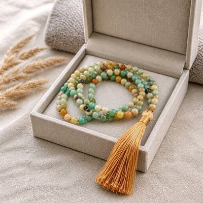 Mala 108 Amazonit Perlen 6mm mit Pom-Pom - Mala Tibetischer Knoten 