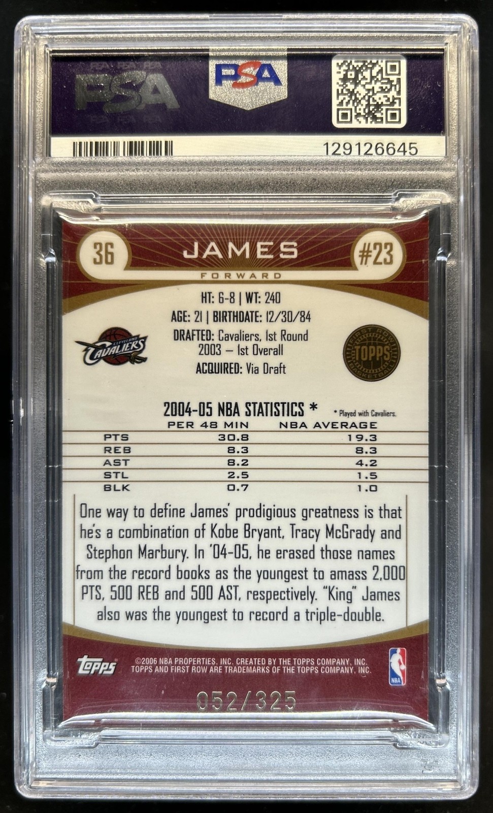 2005-06 Topps First Row LeBron James Gold Rainbow #/325 Cavaliers PSA 8 view 2