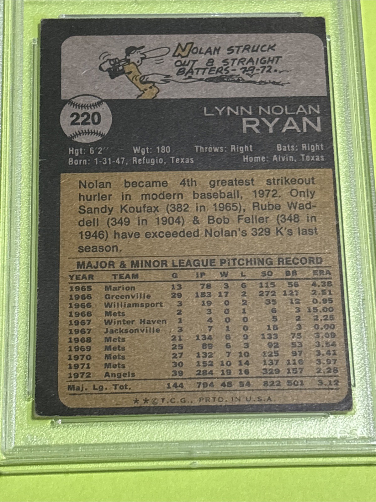 1973 Topps Nolan Ryan #220 PSA 3 Angels Hall of Fame Pitcher. view 7