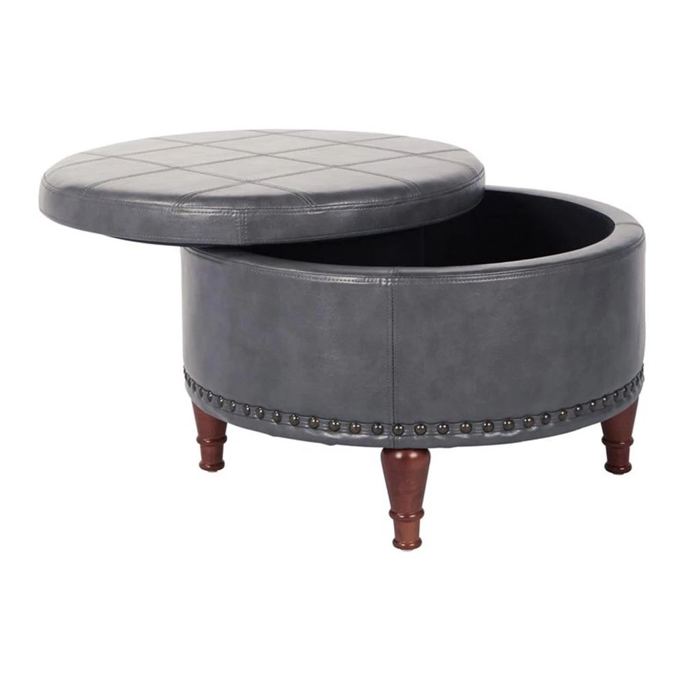 Alloway Storage Ottoman in Pewter Faux Leather with Antique Bronze Nailheads - Image 3 of 4