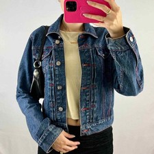 Women's Size M Y2k Denim Jacket Dark Wash Red Glitter Horse Graphic