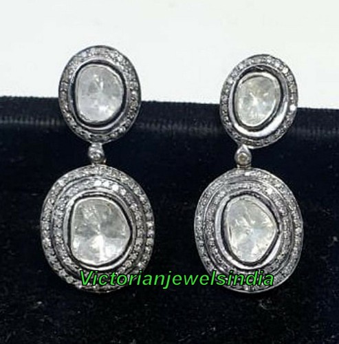Boucles D'oreilles Diamant Naturel Argent 925 Style Victorien - Polki, Fait Main, Vintage