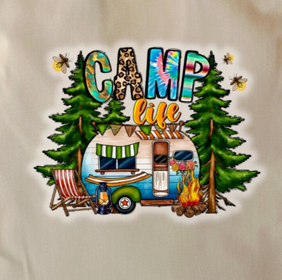 Camp Life Shopping Bag, Camper, Campfire, Forest, Fireflies with Die Cut Sticker