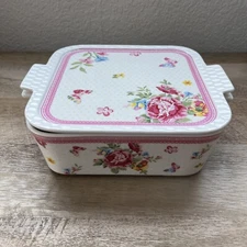 Grace's Pantry Pink Rose Butterfly Square Cake Casserole Baking Dish Spring 9”