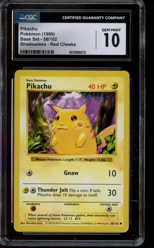 CGC 10 GEM MINT Pokemon Pikachu Red Cheeks Shadowless 1999 Base Set Card 58/102