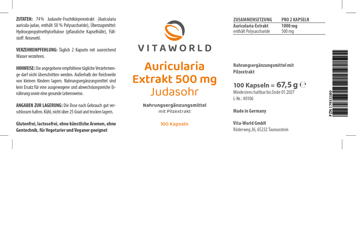 Complément Alimentaire Auricularia Extrait 500mg - 100 Capsules Vita World (Oreille De Judas)