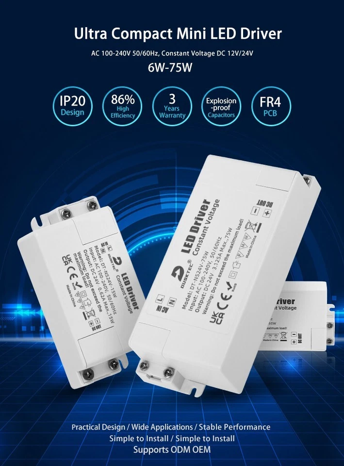 Trasformatore DT-NS IP20 AC220V DC12V LED Driver, Constant Voltage, 48Watt Max - Immagine 2 di 4