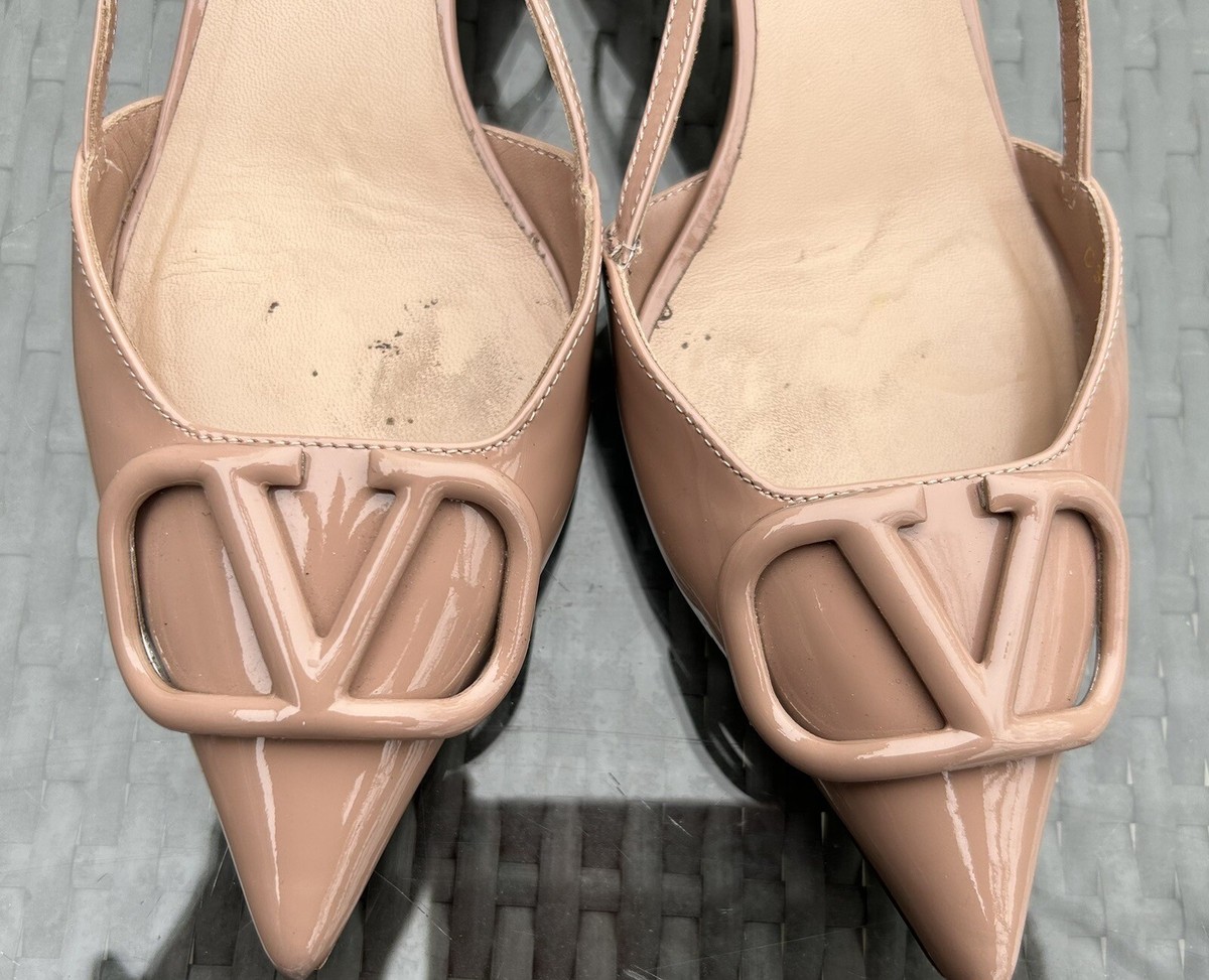 Valentino Gravani V Logo Leather Slingback Pumps Nude Patent 38.5