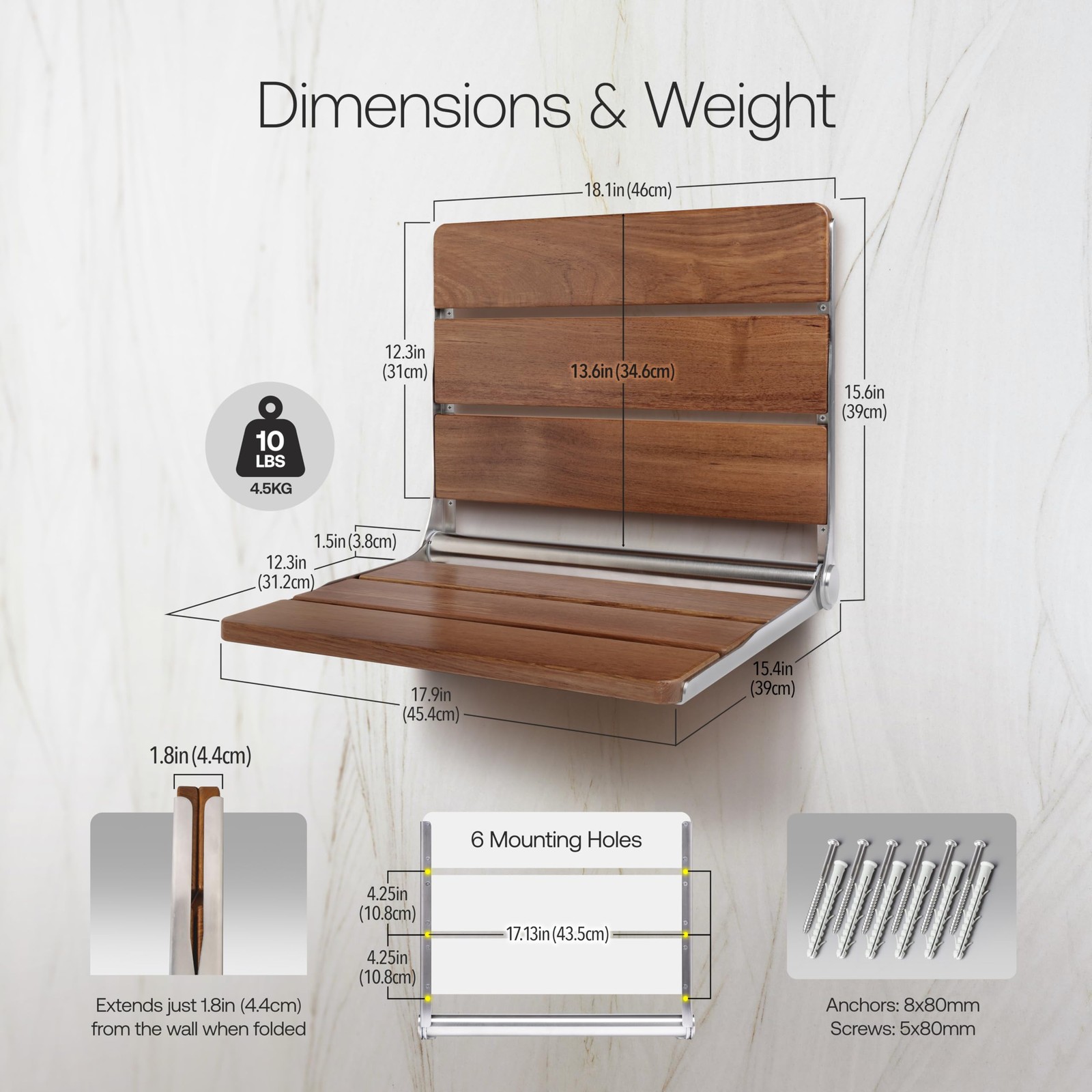 18" Folding Shower Seat - Wall Mounted Burmese Teak Wood Shower Seat, 330lbs ...