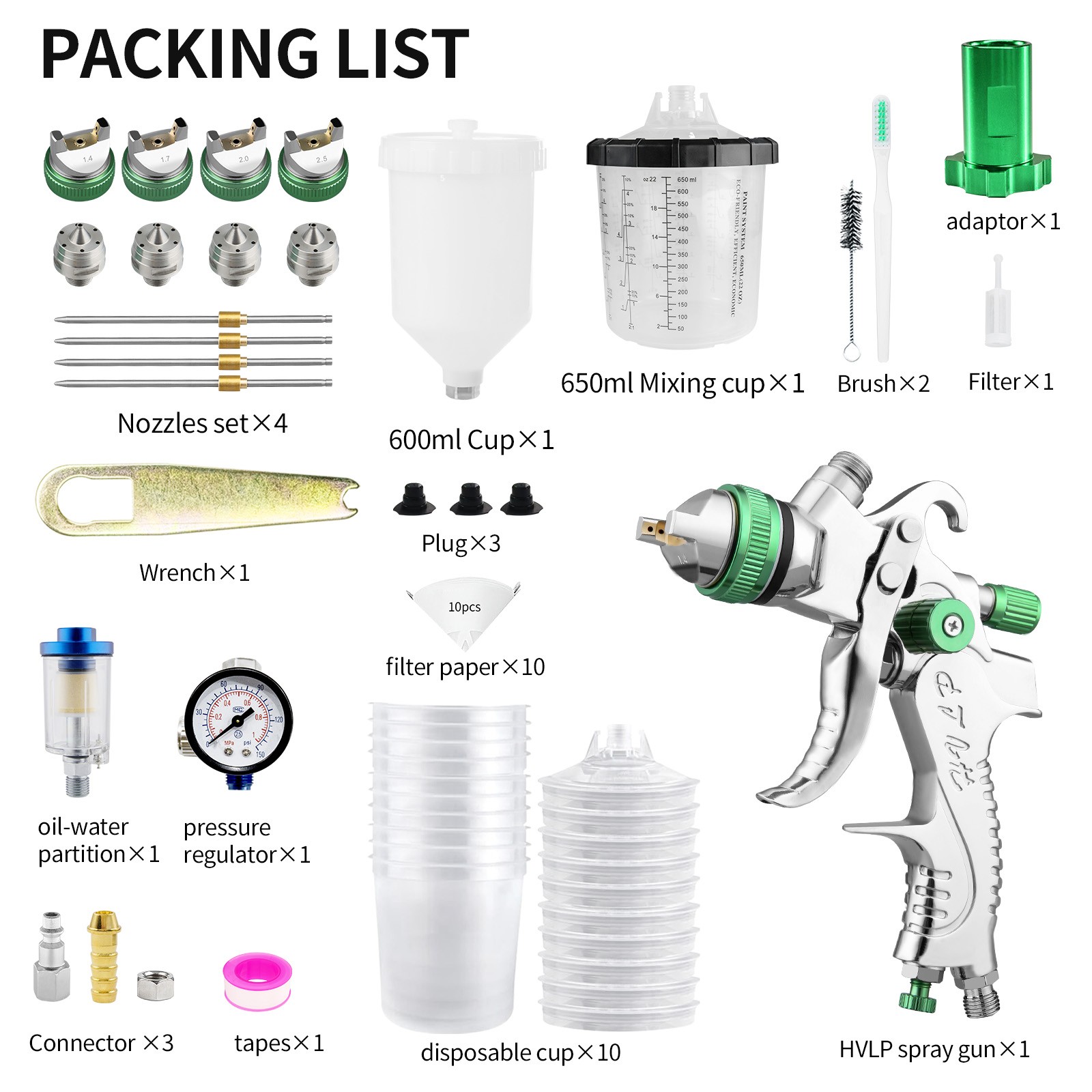 Hvlp Air Spray Gun W/10PCS 650ml Disposable Paint Cups 1.4/1.7/2.0/2.5mm Nozzles