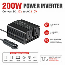 200W Car Power Inverter 12V DC to 110V AC Converter Dual AC Outlets Smart USB
