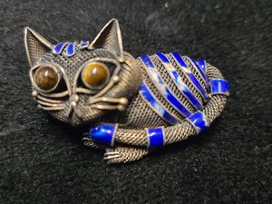 Authentic Vintage 1920's Silver Gold Plated Enamel Cat Pin Tiger eye Eyes China mesh